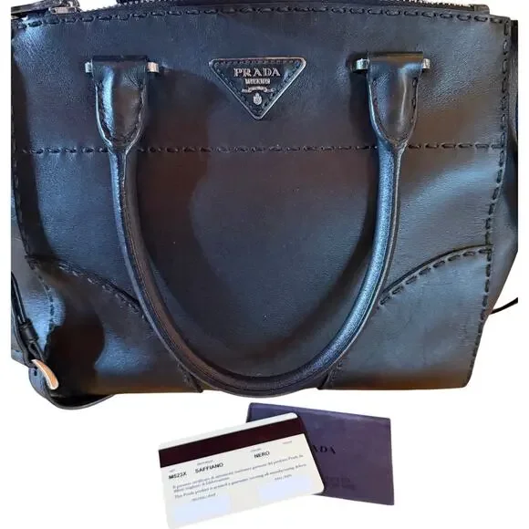 Prada Galleria Medium Satchel Tote Bag Black Double Zip Twin Pockets